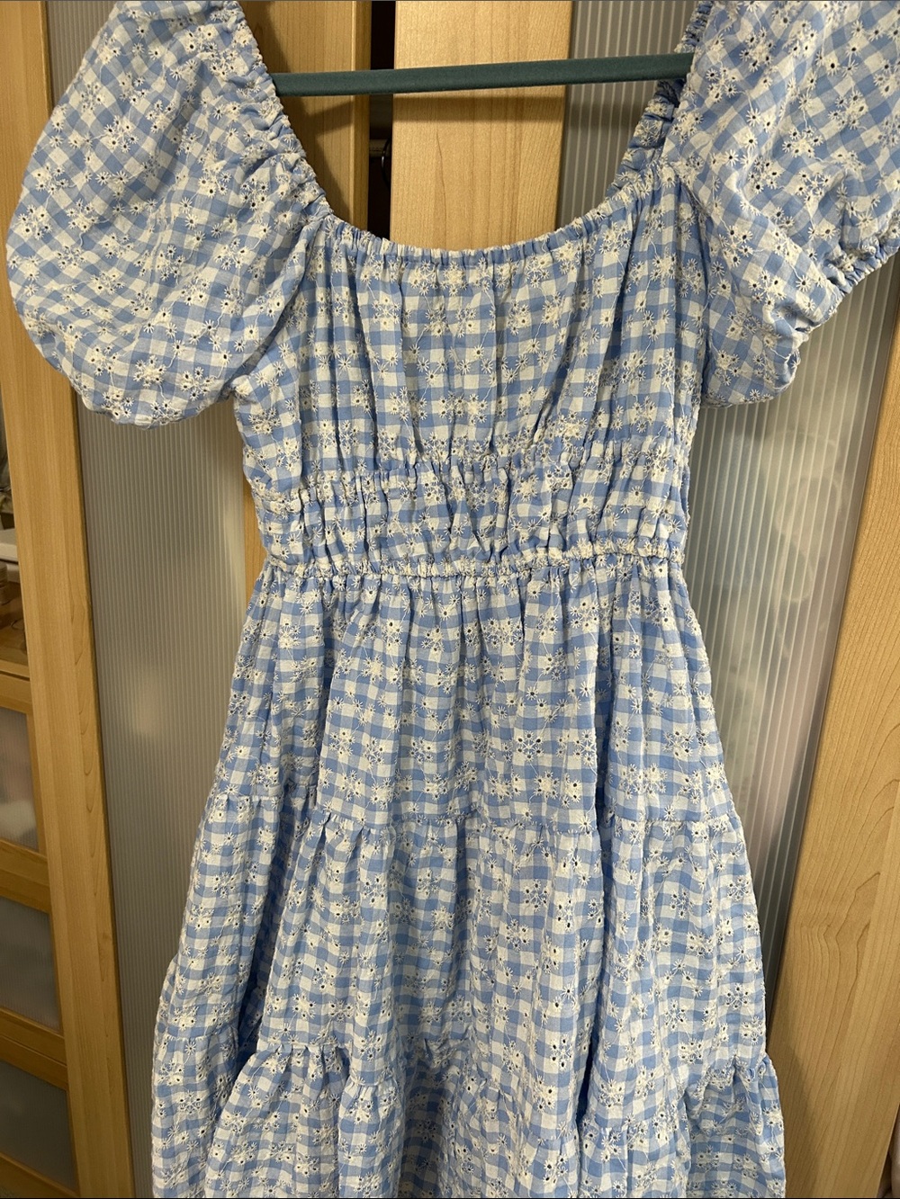 Light Blue Gingham Puff-Sleeve Dress